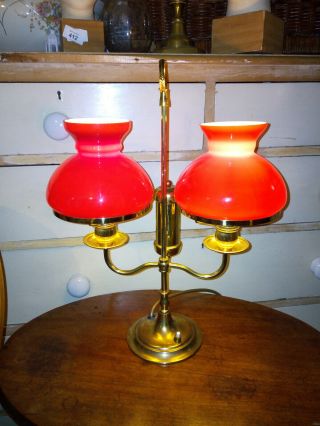 Vintage Victorian - Style Double Student Desk Lamp Brass With Red Glass Shades
