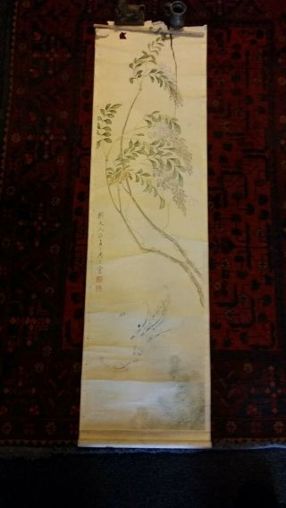 Large Fine Antique Chinese Scroll Painting - Fish & Flowers