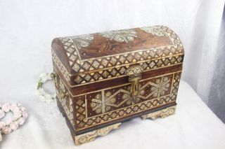 Large Antique Syrian / Maroccan Wood Treasure Chest Box Inlaid Very Detailed