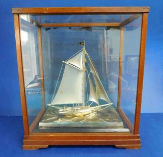 Quality Hong Kong Chinese Sterling Silver Sailing Boat In Glass Cabinet 1950s