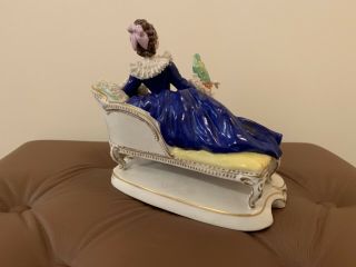 Antique Volkstedt Dresden Lace Porcelain Figurine Seating Lady with a Parrot 10
