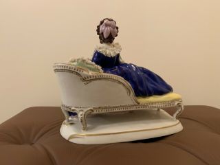 Antique Volkstedt Dresden Lace Porcelain Figurine Seating Lady with a Parrot 12