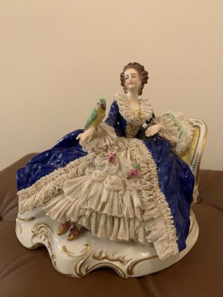 Antique Volkstedt Dresden Lace Porcelain Figurine Seating Lady With A Parrot