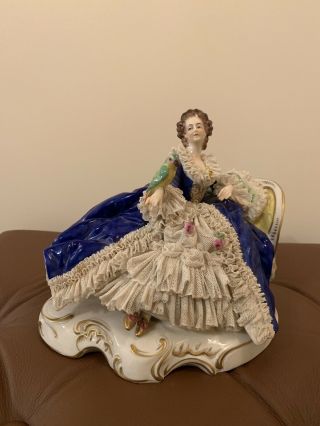 Antique Volkstedt Dresden Lace Porcelain Figurine Seating Lady with a Parrot 2