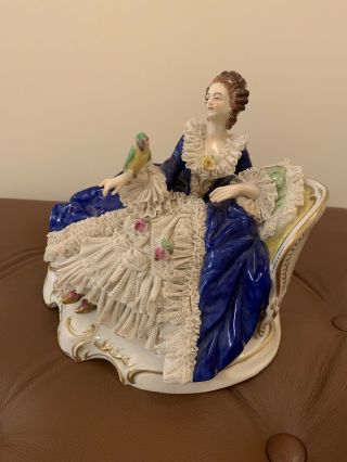 Antique Volkstedt Dresden Lace Porcelain Figurine Seating Lady with a Parrot 3
