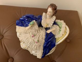 Antique Volkstedt Dresden Lace Porcelain Figurine Seating Lady with a Parrot 4