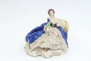 Antique Volkstedt Dresden Lace Porcelain Figurine Seating Lady with a Parrot 5