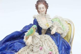 Antique Volkstedt Dresden Lace Porcelain Figurine Seating Lady with a Parrot 6