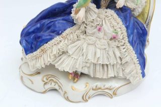 Antique Volkstedt Dresden Lace Porcelain Figurine Seating Lady with a Parrot 7
