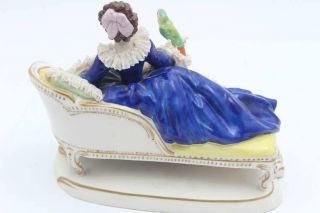 Antique Volkstedt Dresden Lace Porcelain Figurine Seating Lady with a Parrot 8
