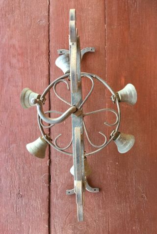 Antique CAST IRON Door Bell Ringer WHEEL w BELLS Garden Art 2