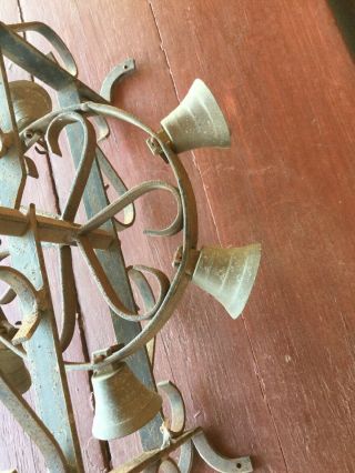 Antique CAST IRON Door Bell Ringer WHEEL w BELLS Garden Art 5
