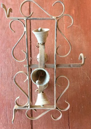 Antique CAST IRON Door Bell Ringer WHEEL w BELLS Garden Art 6