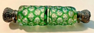 Victorian Faceted Green Cut Glass Double Ended Perfume Bottom Silver Tops
