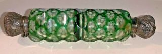 Victorian Faceted Green Cut Glass Double Ended Perfume bottom Silver Tops 2