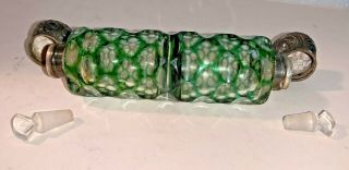 Victorian Faceted Green Cut Glass Double Ended Perfume bottom Silver Tops 3