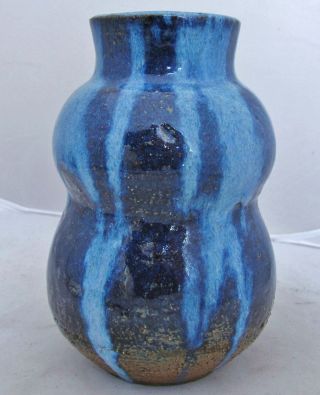 Antique ? Thick Japanese Pottery Vase W/ Blue & Cobalt Flambe Drip Glaze (7.  4 ")