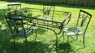 Vtg Art Deco Wrought Iron Patio Set Table Chairs 30s 40s Floral