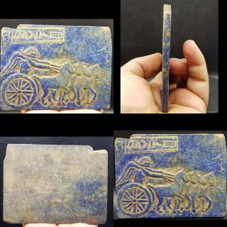 12 cm Sassanian Old Lapis lazuli King Horses TILE Relief stone with Rare Signs 3