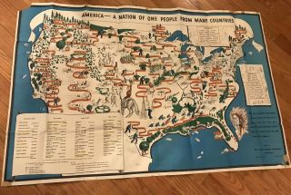 Vintage 1940 Color - Printed Map,  35 X 54.  5 America Council Of Intolerance Rare