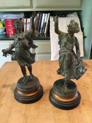 Antique Spelter Grecian Figures,  Male Holding A Butterfly,  Female Grapes