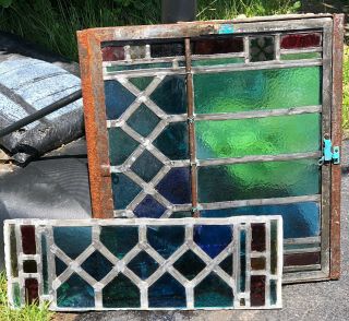 Antique Vintage Stained Glass Leaded Window Panel Early 1900’s 2 Piece 22” X 24”