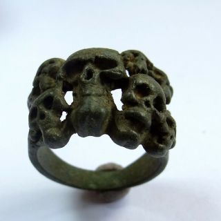Roman Ancient Artifact Bronze Gladiator Ring With Ten Skulls