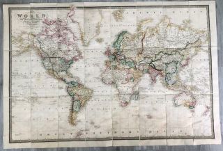Large Folding Linen Map Of The World James Wyld Mercator Slip Case