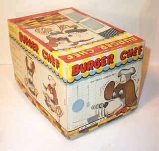 1950s BATTERY OPERATED BURGER CHEF DOG TIN LITHO PIGGY COOK ' S BBQ BUDDY MIB 10