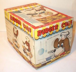 1950s BATTERY OPERATED BURGER CHEF DOG TIN LITHO PIGGY COOK ' S BBQ BUDDY MIB 9