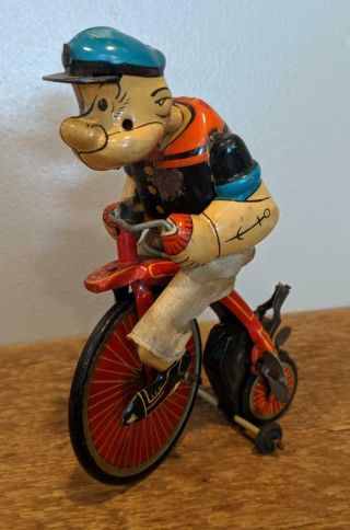 Popeye Cyclist Tin Litho Windup Toy Made By Linemar