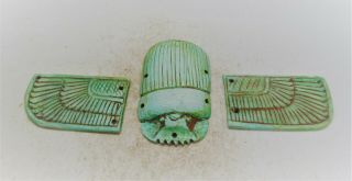 Circa 664 - 332bc Ancient Egyptian Glazed Faience Winged Scarab Heiroglyphics