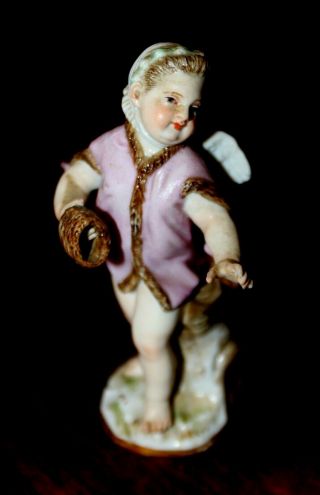 1st Quality 19c Meissen Cupid In Disguise Figurine Purple Jacket Holding A Muff