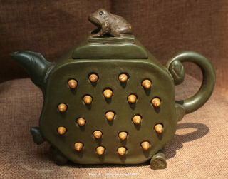Chinese Ancient 100 Yi Xing Zi Sha Hand - Carved Frog Lotus Teapot Kettle
