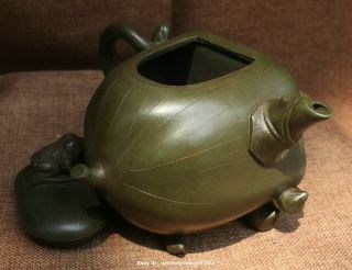 Chinese Ancient 100 Yi Xing Zi Sha Hand - carved frog Lotus Teapot Kettle 9