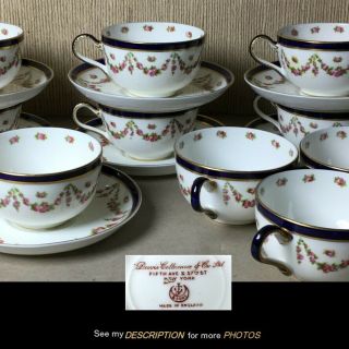 George Jones & Sons Cups Saucers Blue Band Rose Garland Swag Collamore A4554