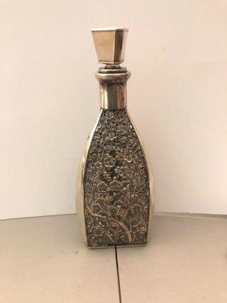 Antique Sterling Silver Overlay Bottle Cherry Blossom Floral Design Decanter 12”