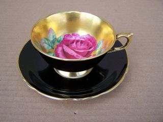Vintage Paragon Dark Pink Cabbage Rose Footed Cup & Saucer Gold Background