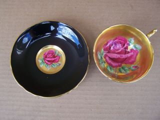 Vintage Paragon Dark Pink Cabbage Rose Footed Cup & Saucer Gold Background 5