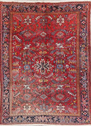 Vintage Faded Red Heriz Serapi Persian Area Rug All - Over Geometric Oriental 7x10