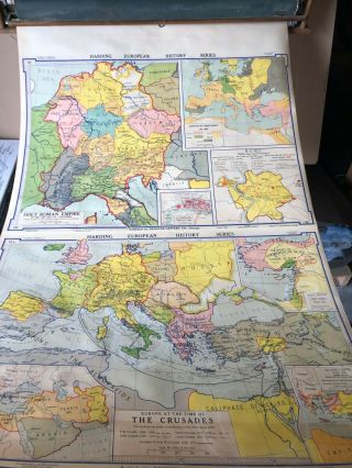 5 ea Early 20th Century Denoyer Geppert Pull Down Double Wall Maps w/ Holder 5