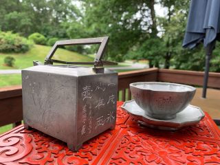 Group Of Two Chinese Qing Period Antique Pewter Teapot And Cup & Saucer