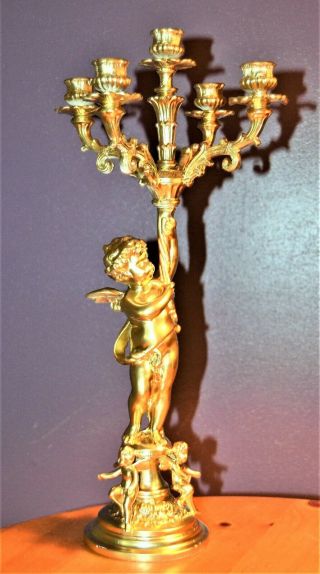 Antique Ornate Golden Cast Metal Angel Cherub Candelabra French Candle Holder