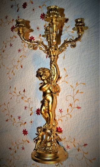 Antique Ornate Golden Cast Metal Angel Cherub Candelabra French Candle Holder 2