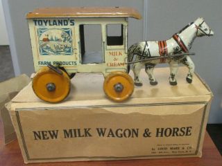 Vintage Marx Tin Litho Wind Up Milk Wagon & Horse Toy W/orig Box