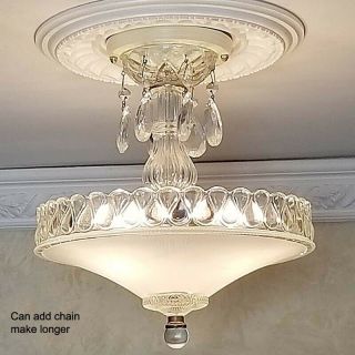 132z Vintage Antique Glass Ceiling Lamp Light Fixture Chandelier 3 Lights White