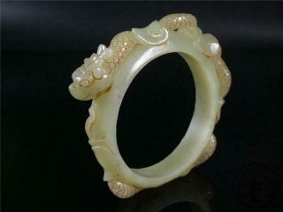 Large Antique Old Chinese Nephrite Celadon Jade Bracelet Bangle Powerful Dragon