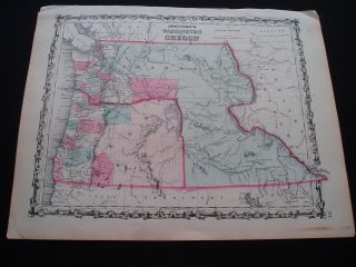 1861 Johnson Atlas Map Washington Territory Oregon Idaho Montana Rare Antique