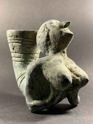 Ancient Persian Bronze Rhyton Featuring Erotic Female Bust Circa 4th Century Bce