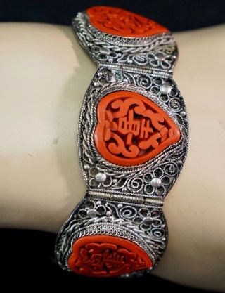 Bracelet Silver Filigree & Cinnabar Hearts With Chinese Symbols Fu Shou & Lu